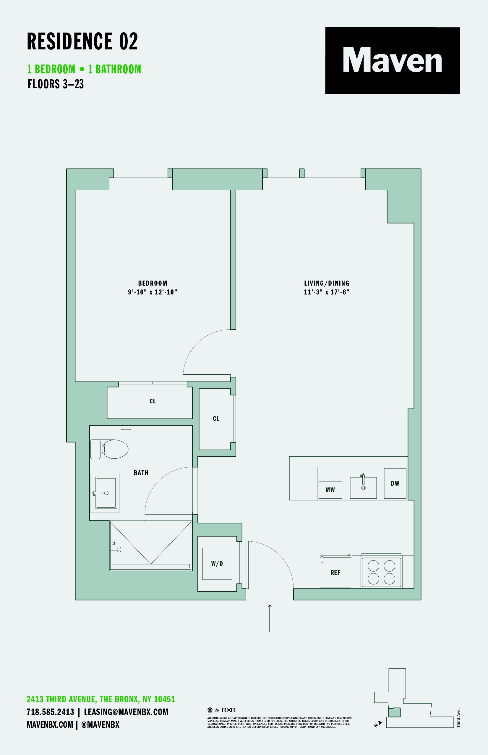 Floor plan for 1 bed, 1 bath, 577 sqft